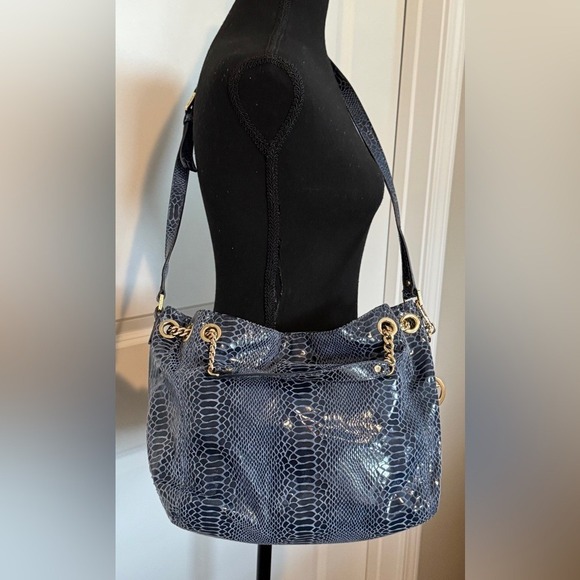 Michael Kors Handbags - MICHAEL KORS Navy Blue Snakeskin Embossed Leather Shoulder Bag Gold Chain Accent